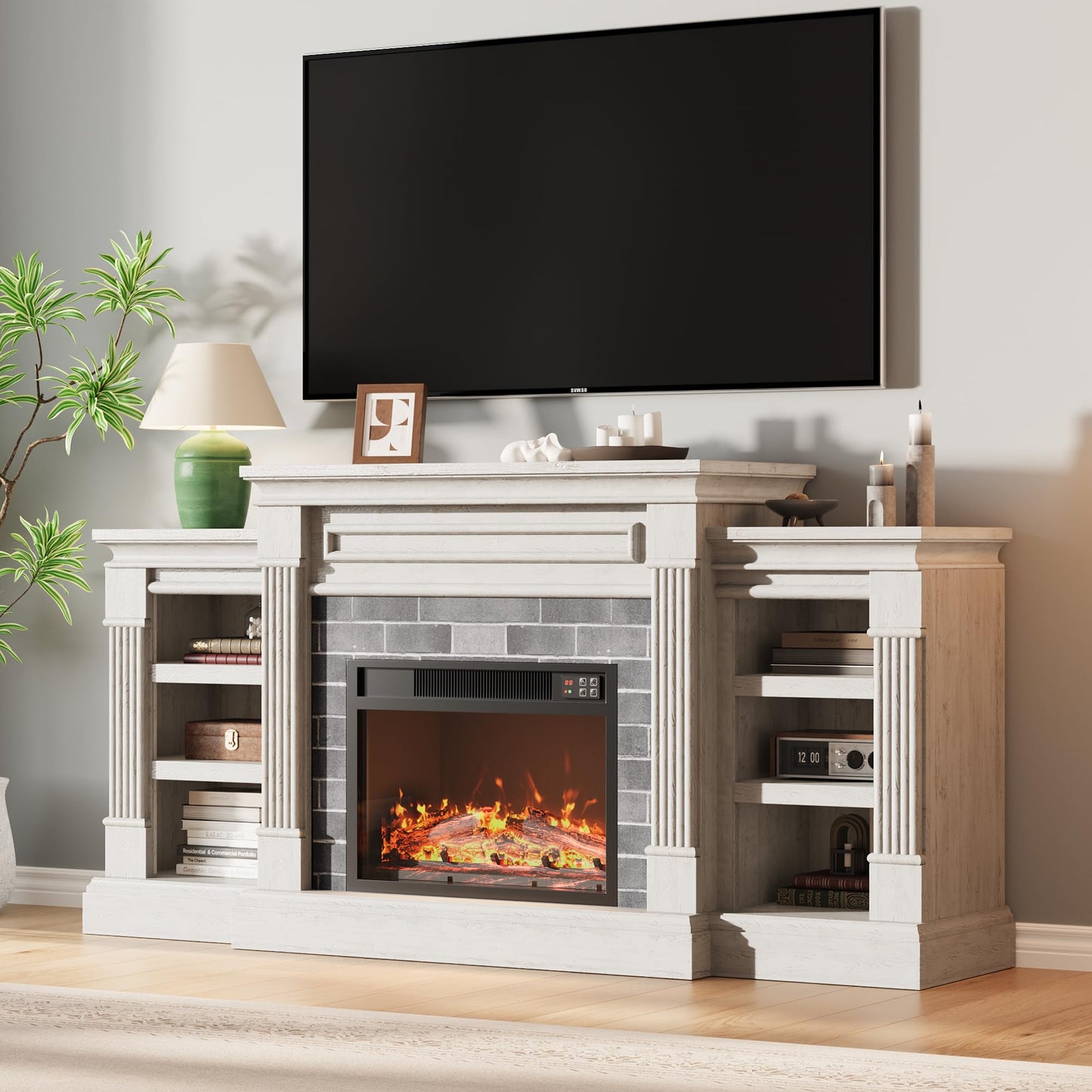 71'' Fireplace TV Stand with 23'' Electric Fireplace, Mid Century TV Console, Entertainment Center with Storage for Living Room, Bedroom