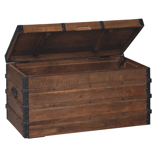 Signature Design By Ashley Kettleby Wooden Storage Box Trunk, Vintage‑Style Coffee Table With Hinged Top And Hidden Storage, Wood Construction With Metal Hardware For Living Room Organization, Brown