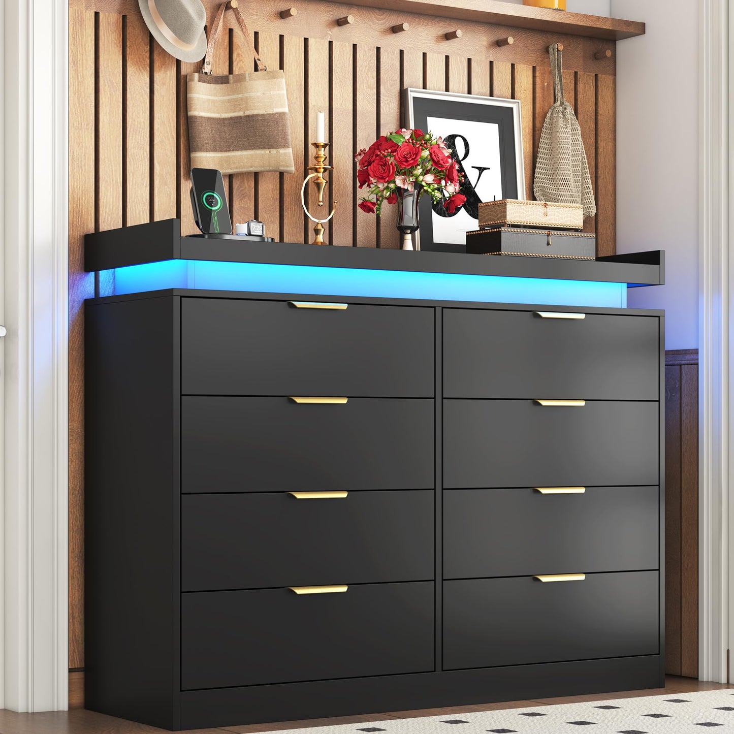 knoworld 8 Drawer Dressers for Bedroom, Black Dresser with LED Lights and Power Outlet, Wood LED Dresser, Double Wide Modern Chest of Drawers for Bedroom, Entryway, Hallway