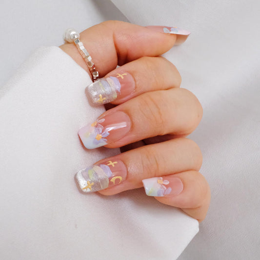 [GLORS] Purly Handmade Medium Ballerina Press on Nails | Oil Painting Style Flower in White and Nude French Tip Nails, 10 Pieces (Small, MB)