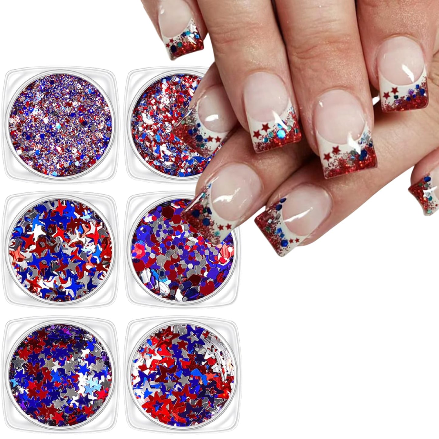 Independence Day Star Nail Glitter July 4th Nail Art Sequins Holographic Patriotic Red Blue Silver Mix Hollow Star for Women Girls Face Body Nail Art Decoration 6 Boxes