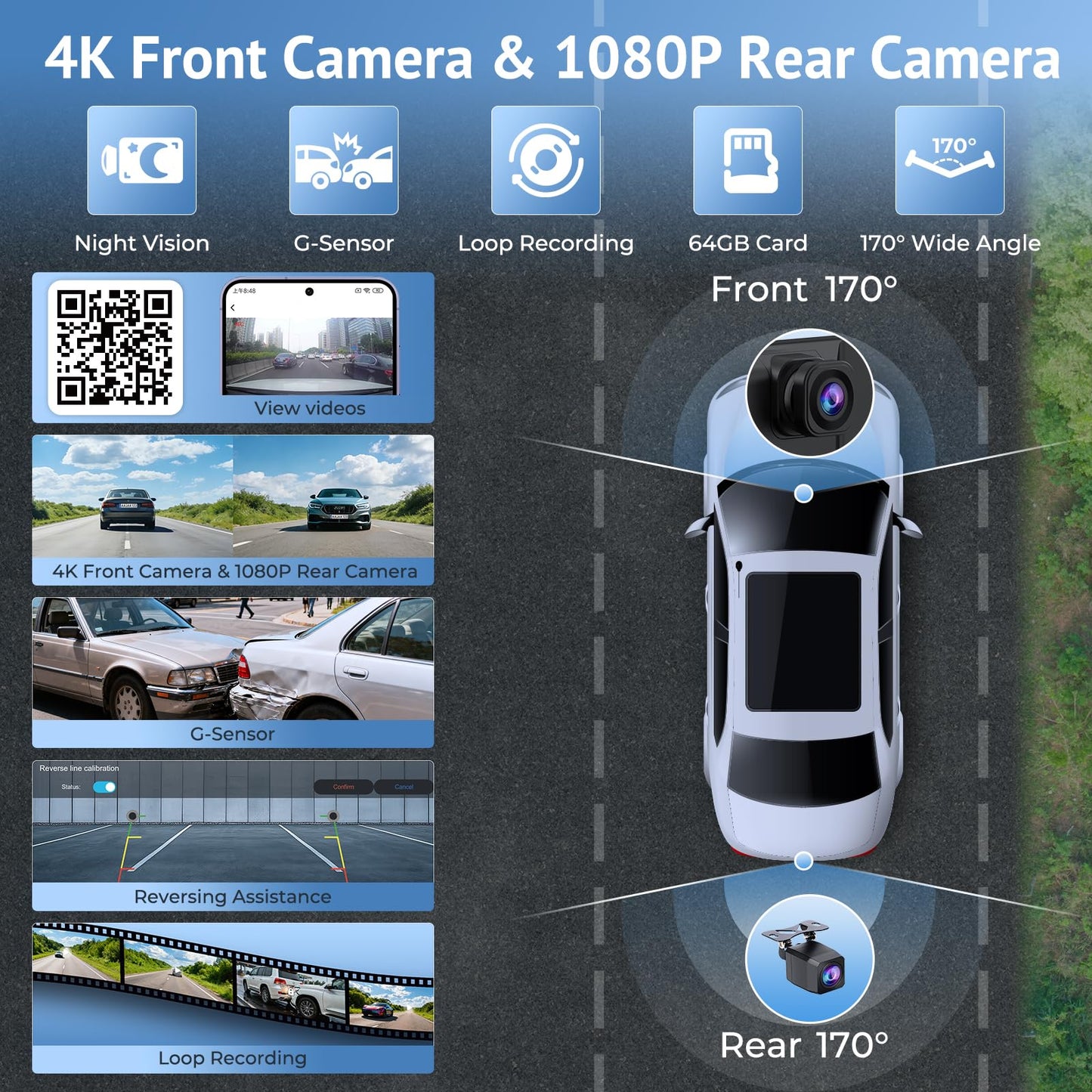 Wonsidary 10.26" HD Wireless CarPlay Screen for Carplay & Android Auto Touch Screen,4K Dash Cam,1080P Backup Camera,Mirror Link,Voice Control,GPS,Bluetooth,64G TF,for All Vehicles