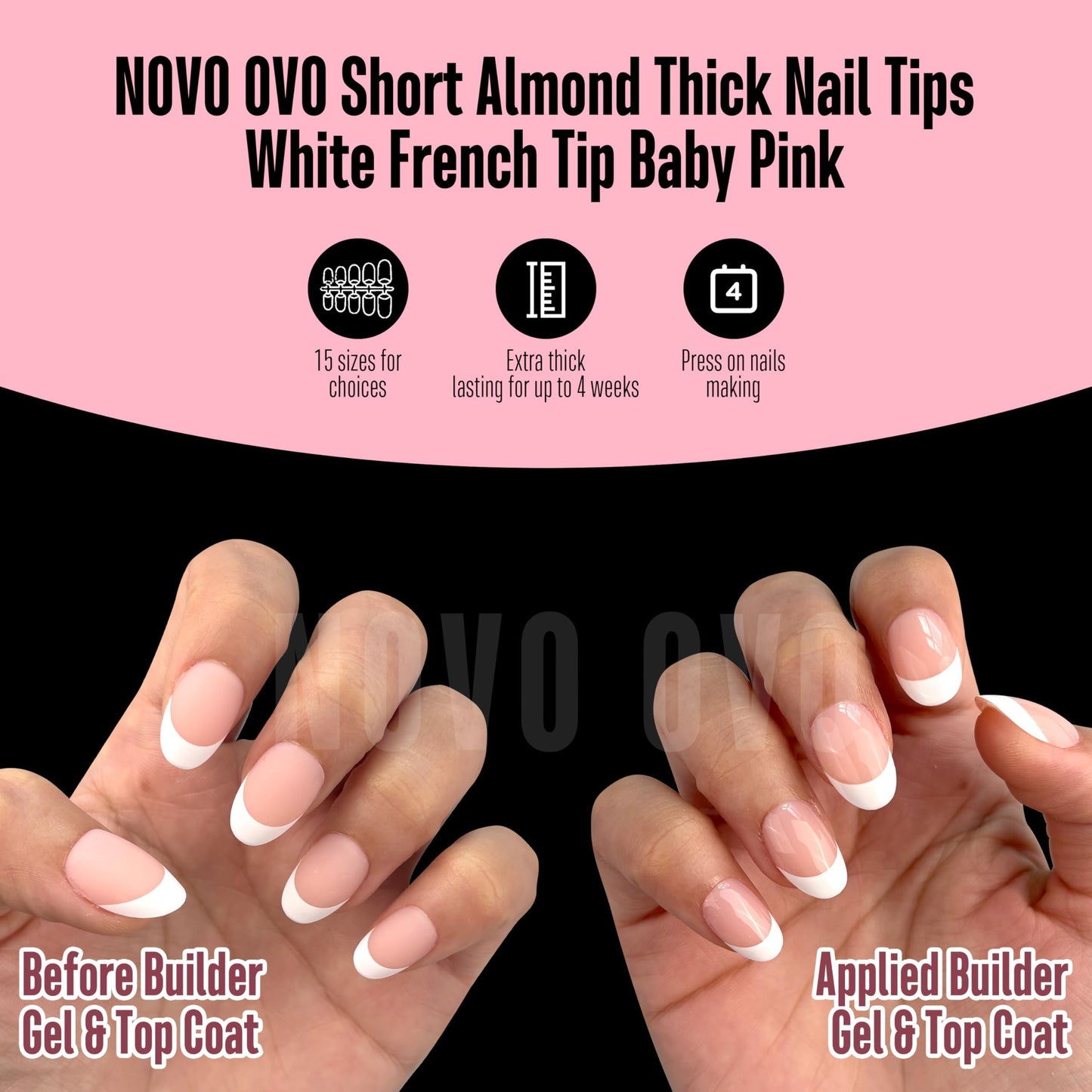 NOVO OVO Extra Short White French Tip Almond Nail Tips Press on BABY PINK, Thick Soft Gel Fake Acrylic Extension, Need Builder Gel Top Coat, No Glue Included, for Salon DIY x 16 Sizes 224 pcs