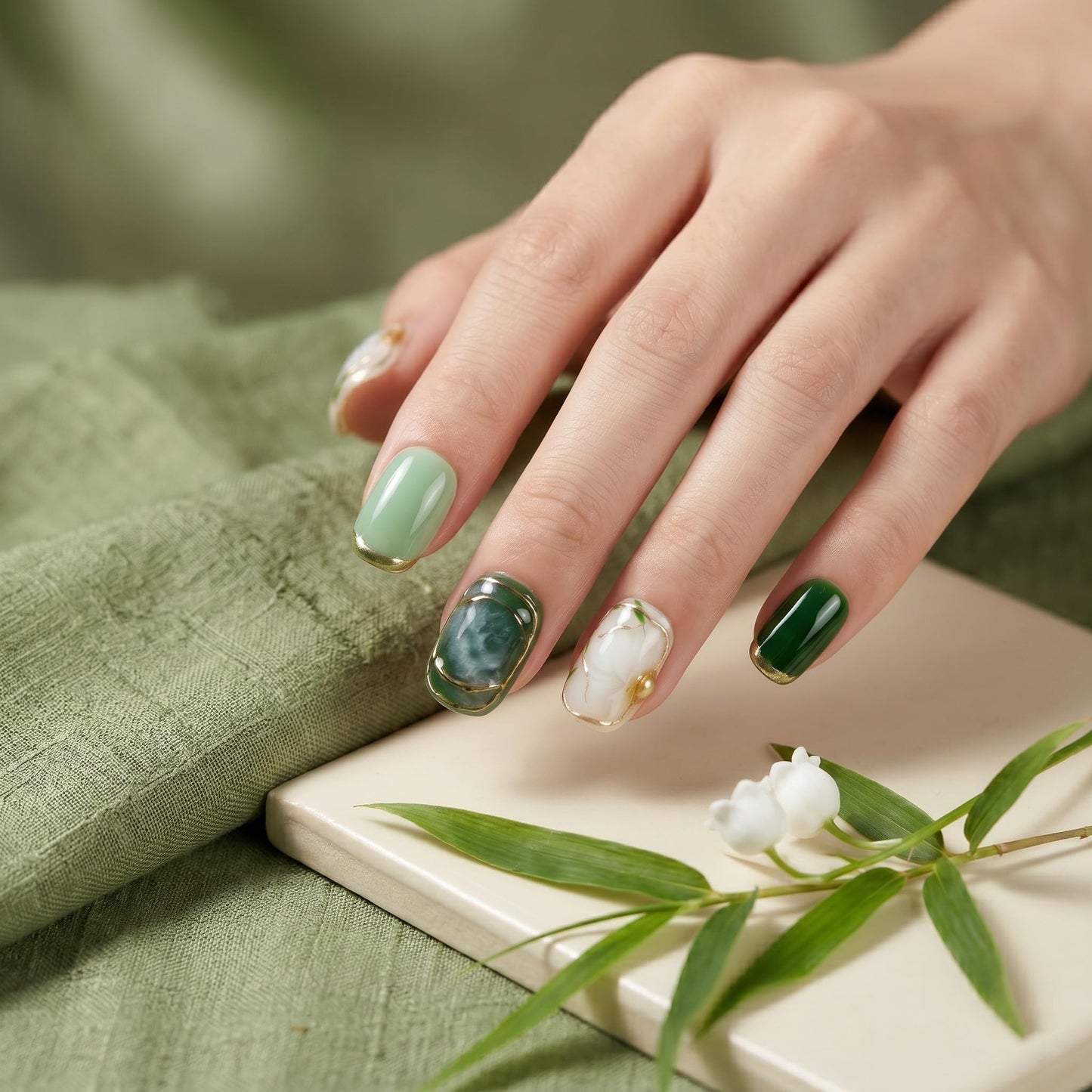 Sun&Beam Nails Handmade Press On Nail Medium Short Green White Flower Jasmine Fake Tip 3D Design Art Charms Cute with Storage Box 10 Pcs (S)