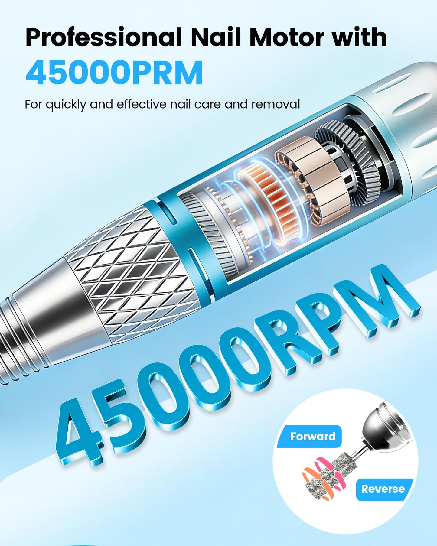 Nail Filer Electric Nail Drill Professional, Kisufu 45000 RPM Rechargeable Efile Nail Drill Kit with Smart Led, 3600mAh, Portable Nail Grinder for Salon Home Use, Women's Day Gifts (Blue).