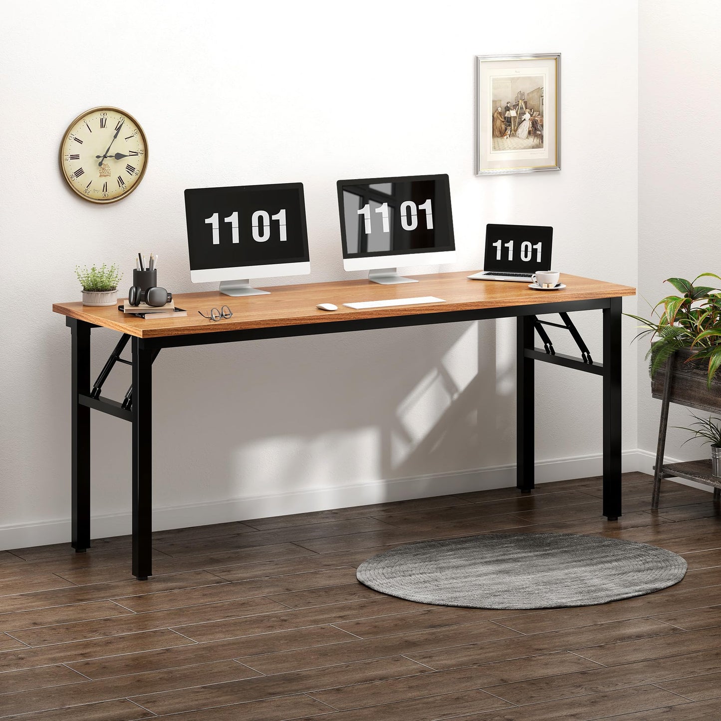 Need Folding Computer Desk, Large 60 inches Folding Table for Home Office, No Install Needed Foldable Writing Table Long Desk, Space-Saving, Teak and Black