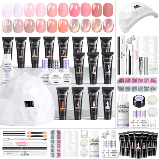 SAVILAND All-in-1 Poly Extension Gel Nail Kit: 15 Colors Poly Gel Nail Kit for 28 Days Long-Lasting, Pink Peach Cat Eye with Slip Solution U V Light for Quick Nail Extensions Home Salon Daily Art DIY