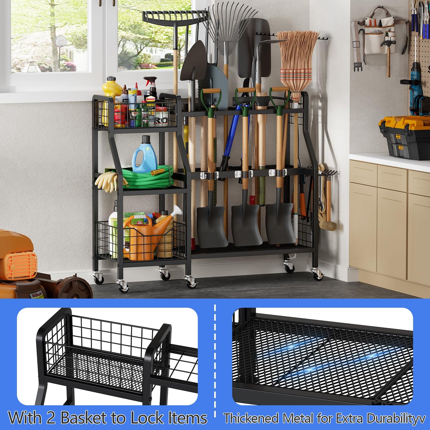 keomaisyto Garden Tool Organizer with 6 Wheels(3 lockable), Heavy Duty Yard Tool organizer with 2 Basket, Large Metal Garage Tool Organization and Storage for Garage/Shed/Yard/Broom Closet/Lawn