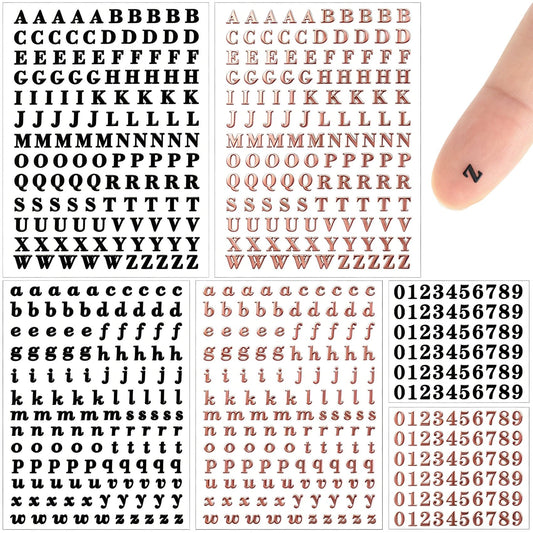 OIIKI 640pcs 6 Sheets Small Letter Number Stickers, 3D Self-Adhesive Mini Letter Stickers, Alphabet Number Decals Decoration Supplies for Scrapbook Nail Keyboard DIY Crafts- Rose Gold & Black