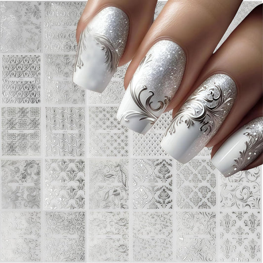 30 Sheet Silver lace Nail Stickers for Flower Nail Art 3D Self-Adhesive Nail Decals Silver Hollow Retro Floral Vine Nail Art Stickers Design lace Flower Nail Supplies for Women Manicure Decorations