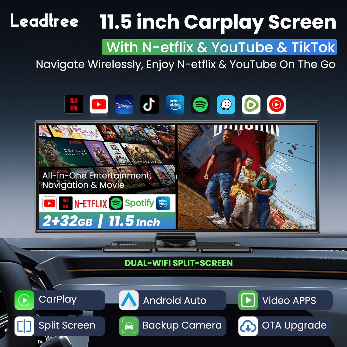 Largest 11.5 inch Wireless CarPlay Screen for Car,Built-in N-etflix/YouTube/TikTok and other apps,A-pple CarPlay & Android Auto screen with1080P Backup Camera/Navigation/Voice Control,for All Vehicles
