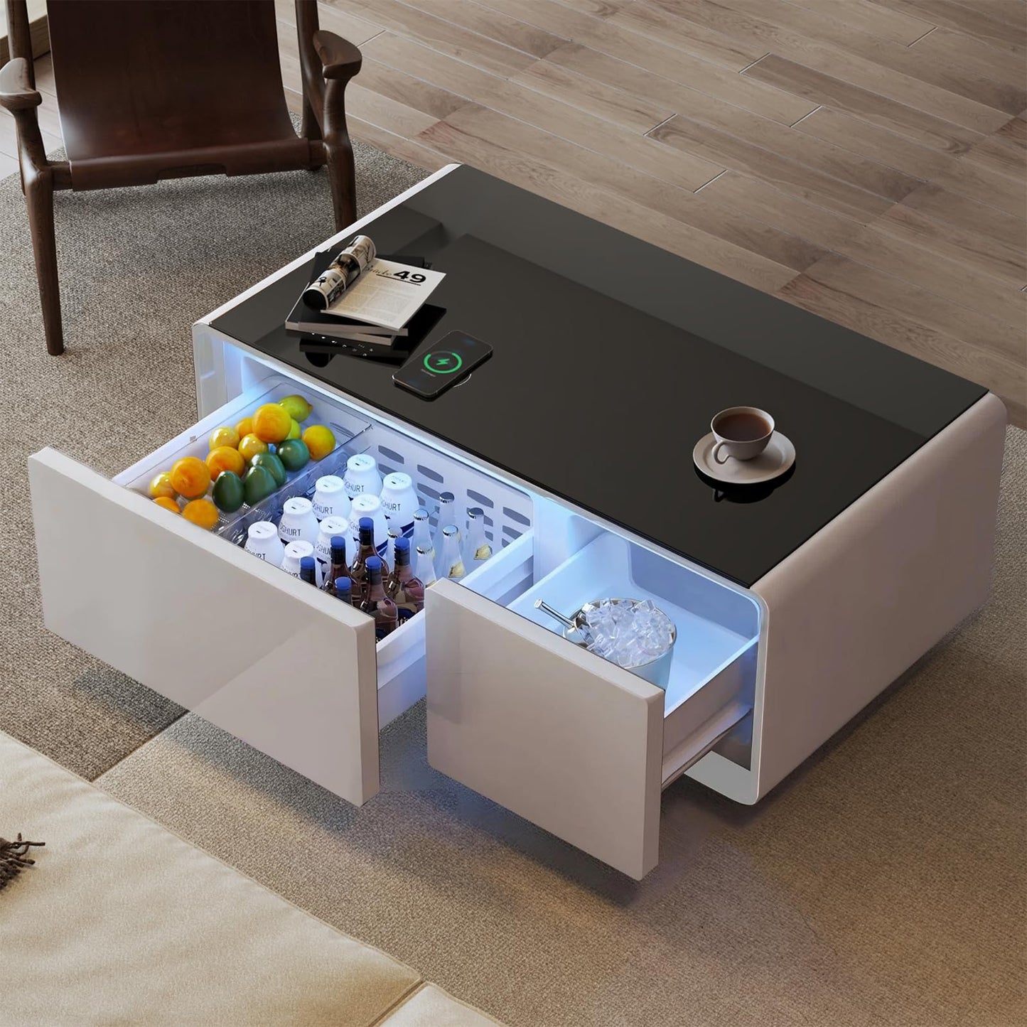 Smart Coffee Table with Fridge, 93L Refrigerated Drawers, Bluetooth Speakers & Wireless Charging, Modern Stain/Mark Resistant Entertainment Center for Living Room & Gaming, White