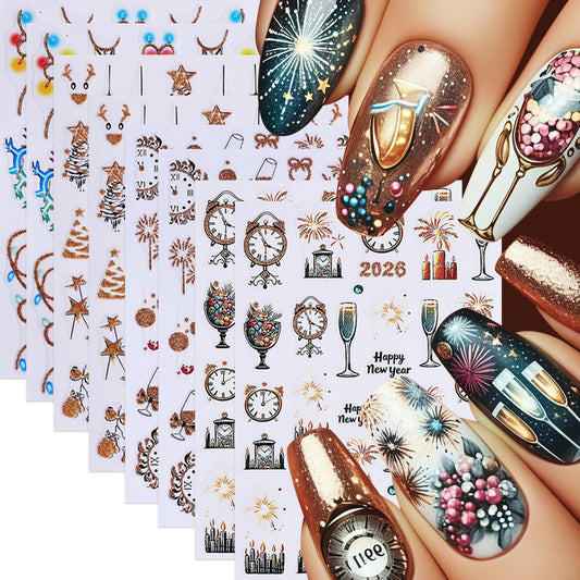 8 Pcs Christmas Nail Art Stickers Fireworks Clock Nail Decals 3D Self-Adhesive Gold Glitter Lantern Christmas Tree 2026 Design Colorful Christmas Lights Nail Supplies for Winter Holiday Manicure Decor
