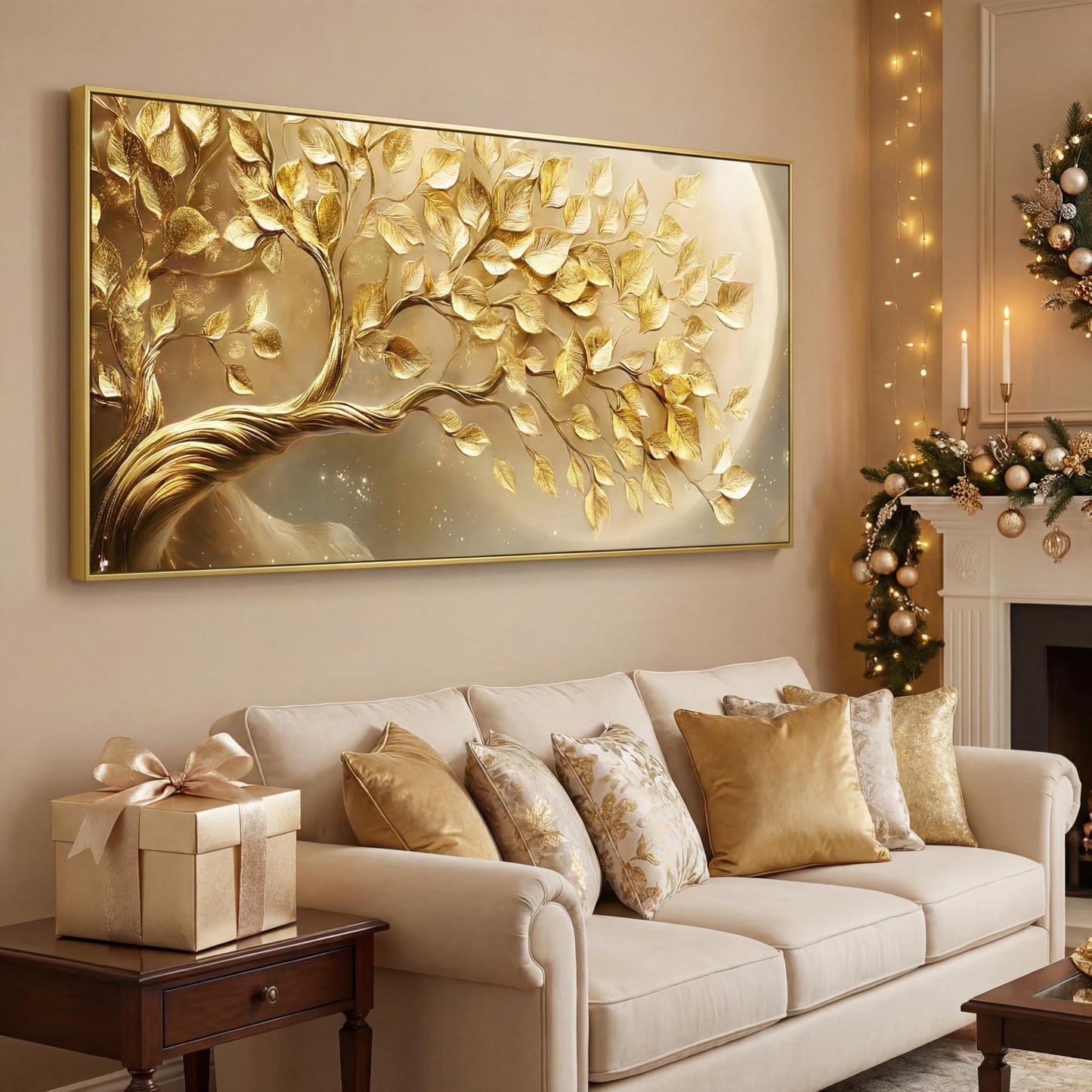 BirdSuite Gold Framed Golden Leaf Money Tree Wall Art, Luxury 3D Effect Canvas Print, Ready to Hang Wall Decor for Living Room Bedroom Office Dining Room Entryway, 58x29 Inch