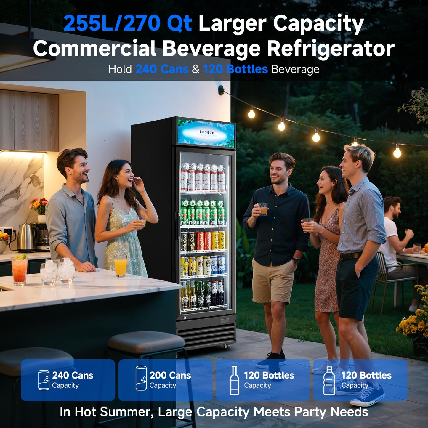 BODEGACOOLER 255L/270 Qt Commercial Beverage Refrigerator | Glass Door Merchandiser Fridge with LED Light, 32°F-50°F Temp, Energy-Saving & Magnetic Seal, 4 Adjustable Shelves for Bar/Office/Kitchen