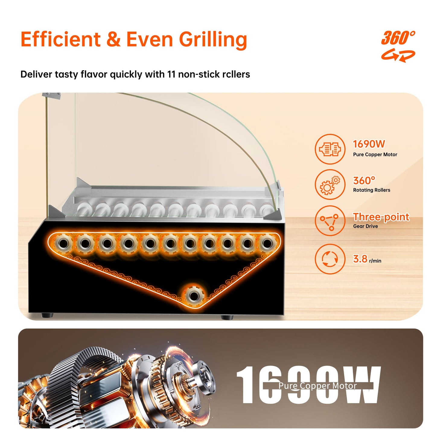 1670W Commercial Hot Dog Rollers,11 Rollers 30 Hotdog Roller Grill,Stainless Steel Hot Dog Machine with Dust Cover,Hot Dog Roller Machine with Dual Temp Control and Led Light (Red)