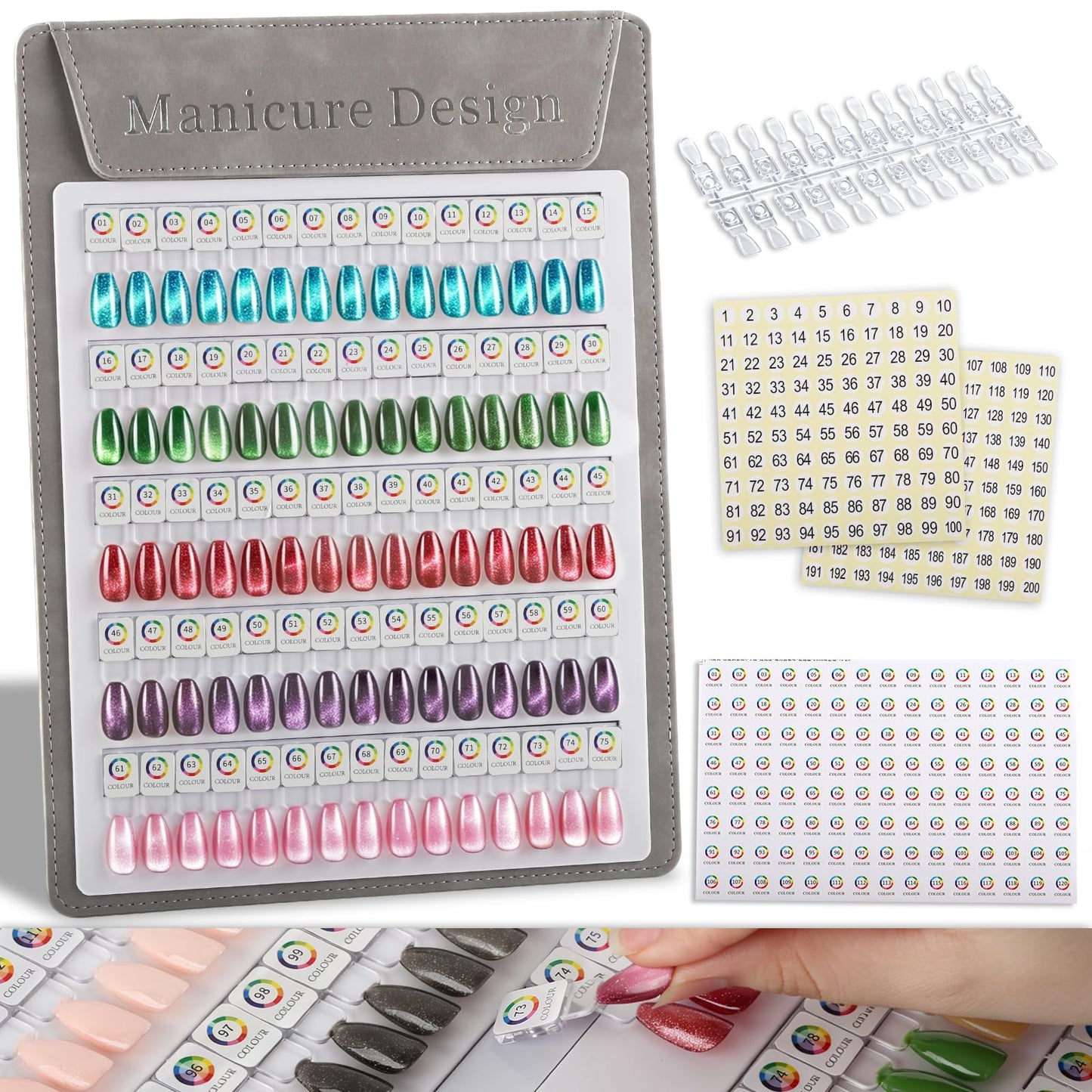 C12rtive 75 Magnetic Nail Color Display Board,96 PCS Magnetic Nail Tips with 1-200 Number Stickers,Professional Manicure Color Chart Swatches Book(Grey)