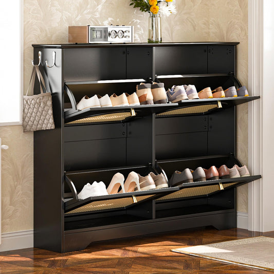 Merax Shoe Cabinet Storage with 4 Flip Drawers, Free Standing Shoes Organizer with 4 Rattan Doors for Entryway, Narrow Tipping Bucket Rack, with 2 Hooks, Black