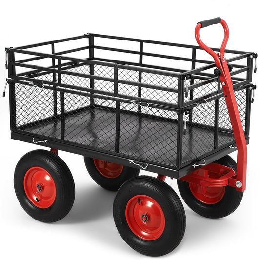 1400 lbs Steel Garden Cart, Heavy Duty Metal Yard Utility Wagon with Removable Mesh Sides, 2-in-1 180° Rotating Handle and 16 inch Wheels, Steel Utility Wagon Perfect for Garden, Farm, Yard