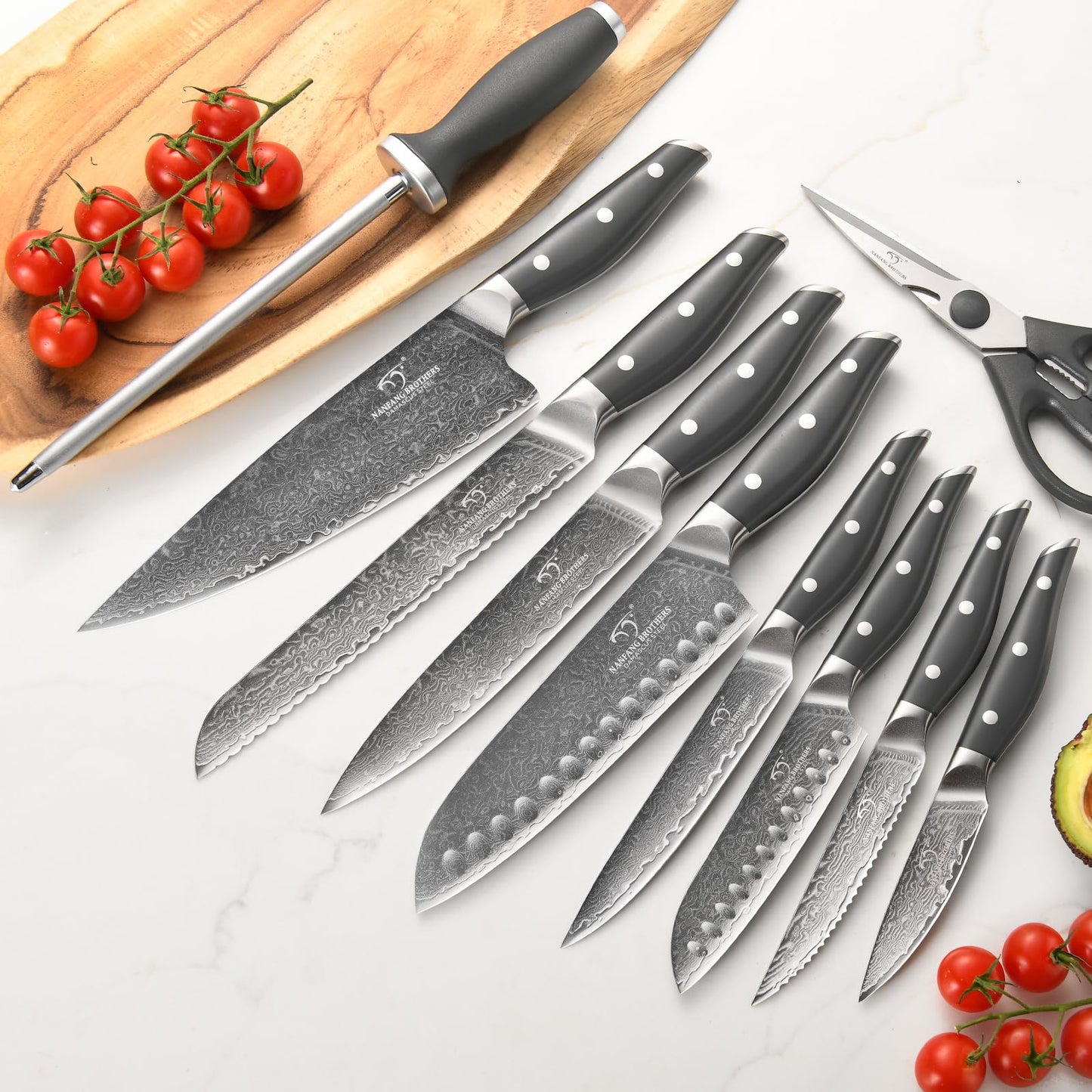 NANFANG BROTHERS Knife Set, 16-Pieces Damascus Kitchen Knife Set with Block, ABS Ergonomic Handle for Chef, Carving Fork, Disconnect-type Knife Block Set (Gray)
