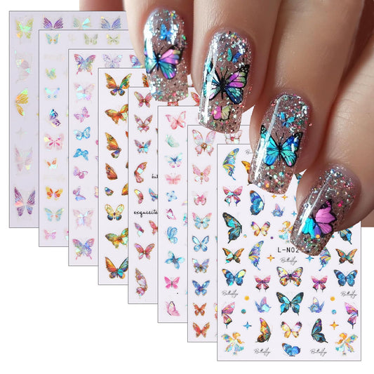 8 Sheets Laser Butterfly Nail Art Stickers 3D Shell Aurora Butterfly Stickers Holographic Gradient Colorful Laser Shiny Butterflies Designs Nail Decals for Women Girls DIY Nail Decoration