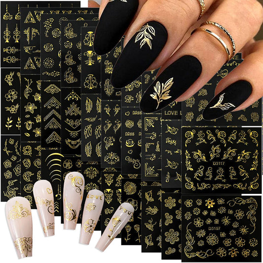 30 Sheets Gold Nail Art Stickers Lace Flower 3D Self Adhesive Leaf Nail Decals Hollow Retro Floral Nail Sticker Baroque Court Supplies for Women DIY Manicure Nail Art Decoration Accessories