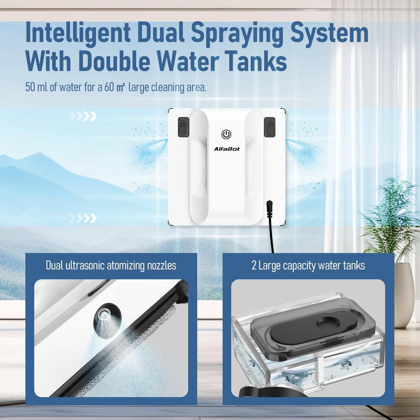 AlfaBot Window Cleaner Robot, Upgraded Intelligent Dual Water Spray & 3800PA Suction Power Window Cleaner with Edge Detection Technology, Perfect for High-Rise Windows, Tiles and Glass, Outdoor Use