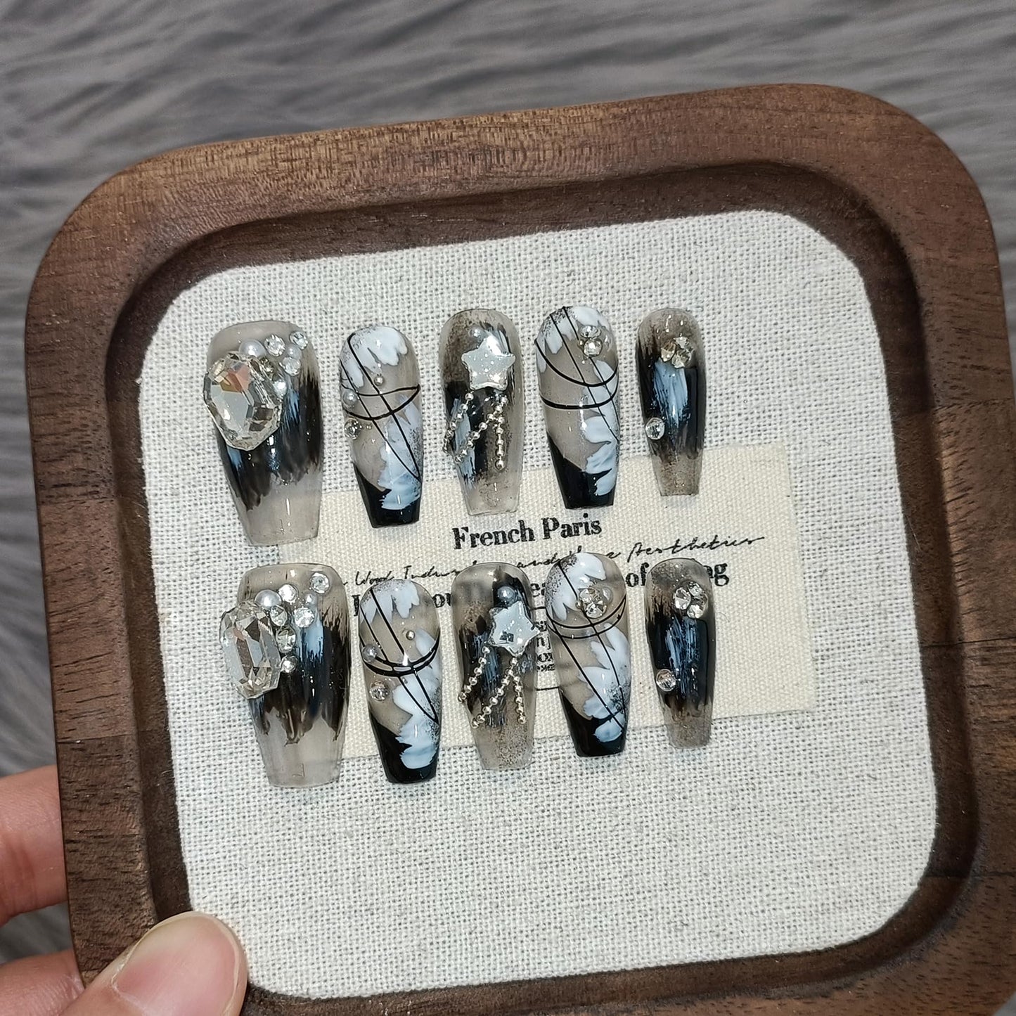 TENPAL 10PCS Gothic Black French Tips Press on Nails Coffin with Tools Kit - Oriental Chain & Crystal Dark Rebel Design- Icy Dark Elegant Chinese Style Fake Nails(M)