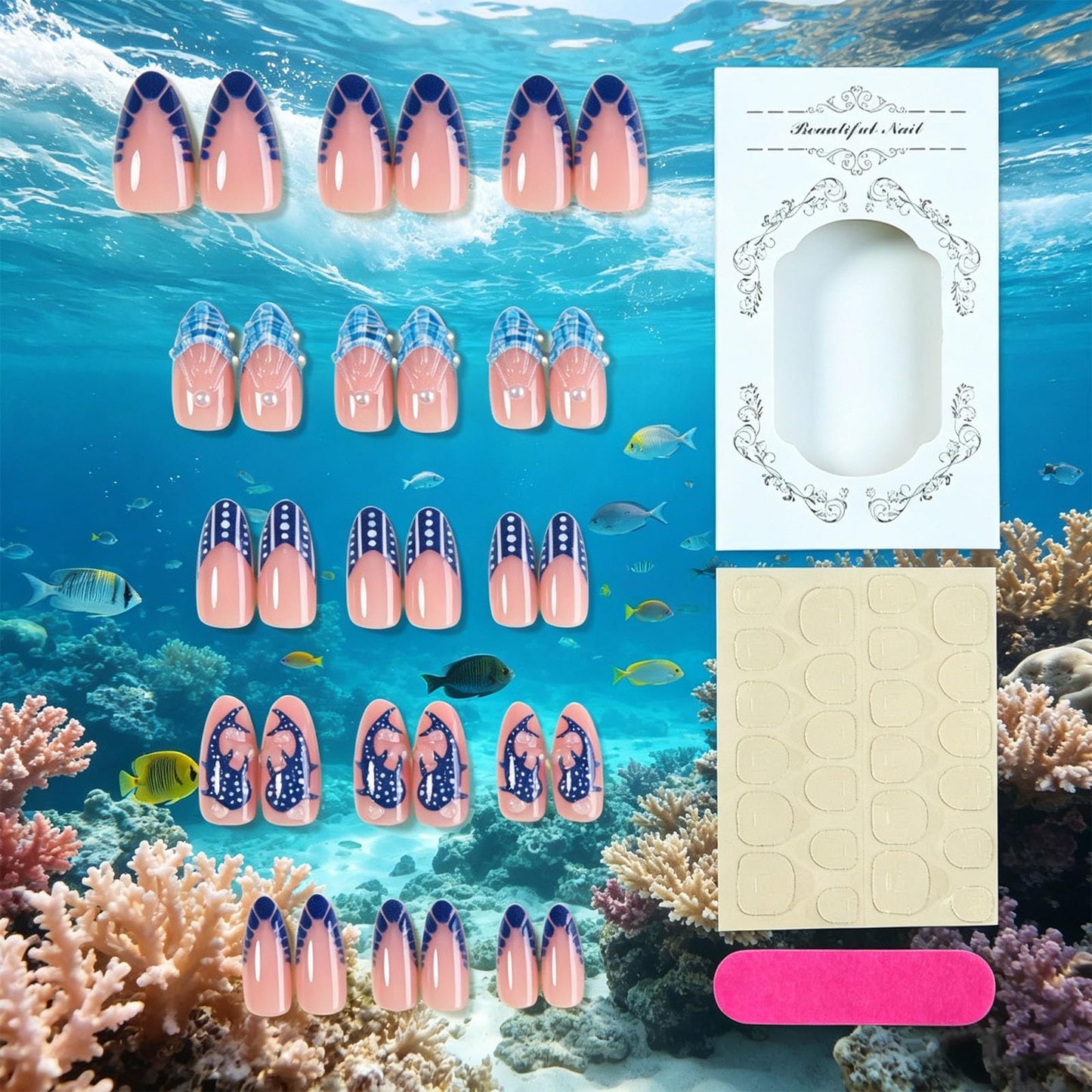 Ocean Press on Nails with Blue Whale Design French Tips False Nails Glossy Blue Beach Medium Almond Fake Nail Summer Stick on Nail Seashell Glue on Artificial Fingernails for Women Daily Wear