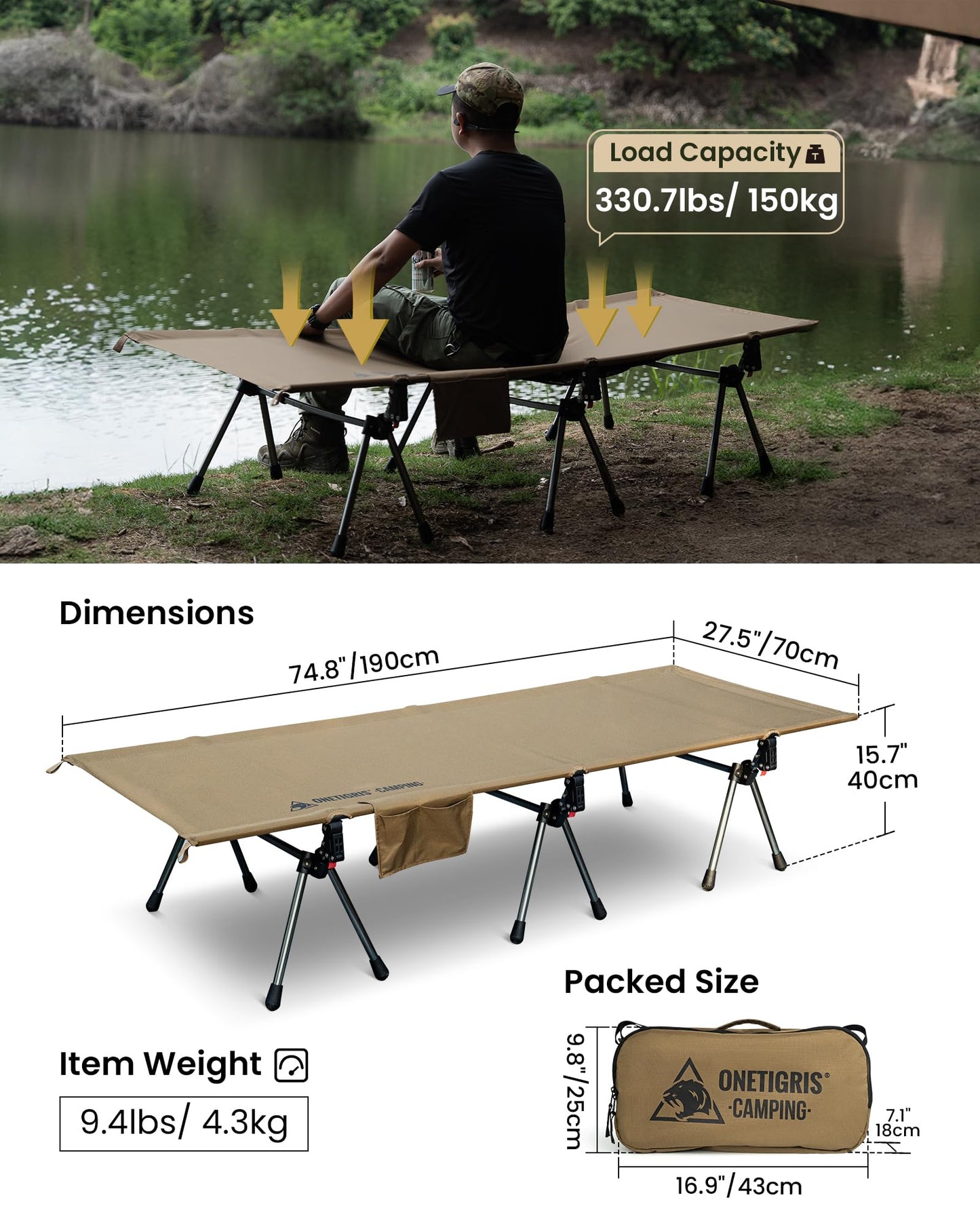 ONETIGRIS SUPRANUBIS Camping Cot, Height Adjustable with Cot Leg Extenders, Strong Support 330lbs, Lightweight Comfortable Folding Bed for Camping, Hiking, Travel, Truck, Beach, Office Nap