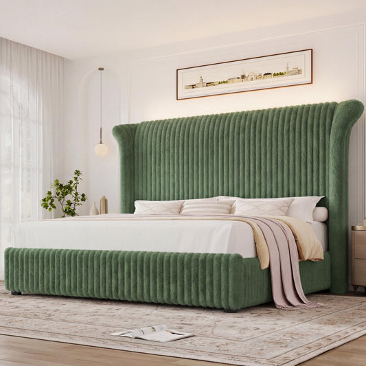 Keyluv Queen Bed Frame with 54” Tall Faux-Fur Wingback Headboard, Upholstered Platform Bed with LED Light, Mattress Foundation with Solid Wooden Slats Support, No Box Spring Needed, Noise-Free, Green