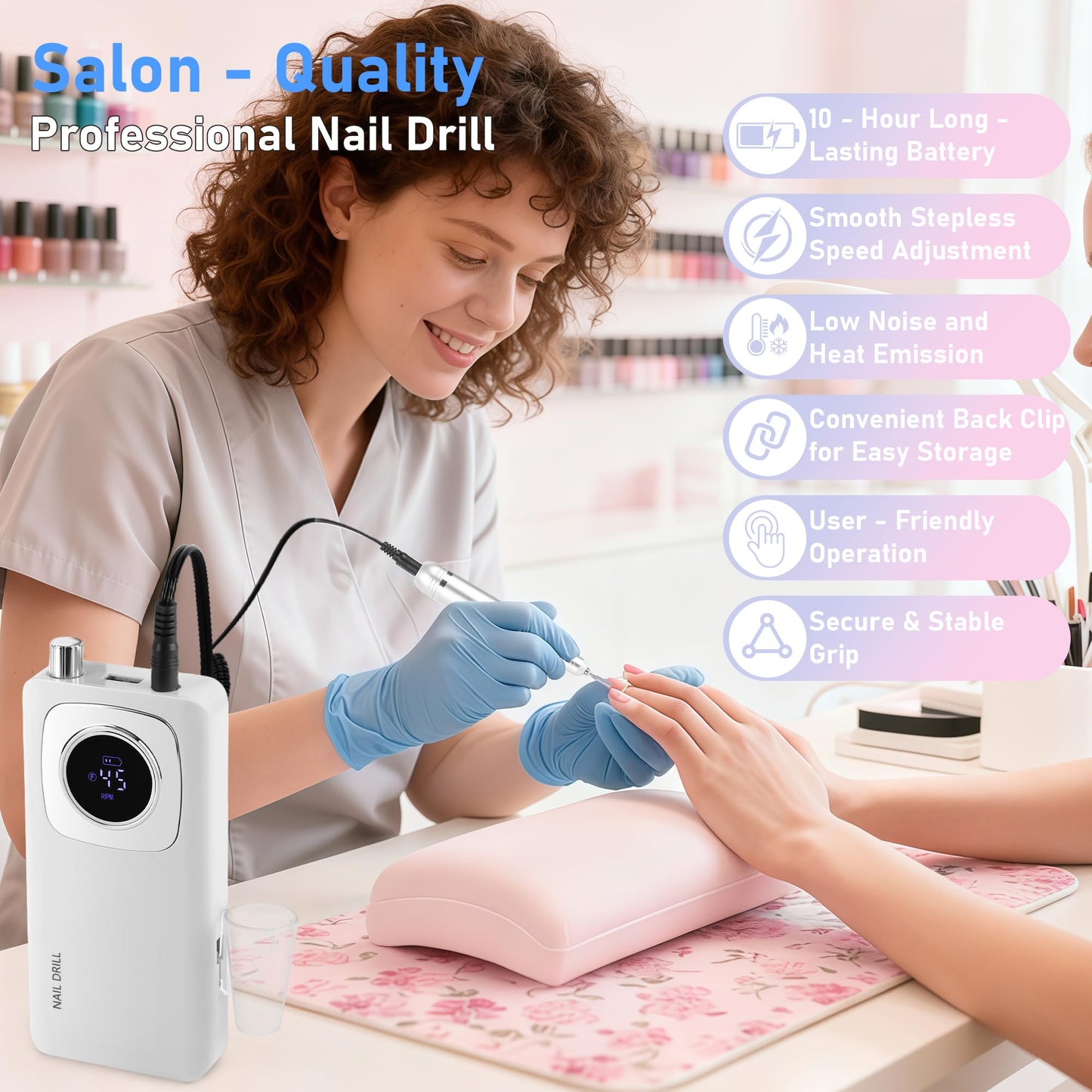 Rvggher Portable Electric Nail Drill Professional 45000 RPM, Rechargeable Electric Nail File Machine Kit for Acrylic Gel Nails Polishing Removing, Quiet E-File with Bits for Manicure Salon Home