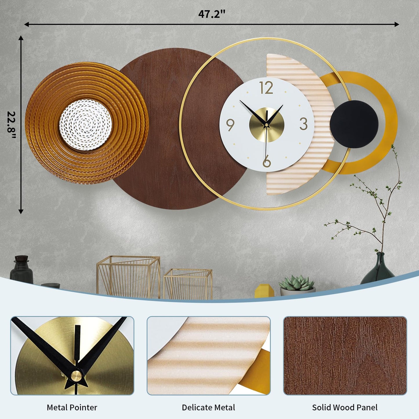 Anmotpe 47.2x22.8 inch Large Mid Century Wall Clock for Living Room, Metal & Wood Modern Brown Decorative Clocks Silent Battery Operated for Home, Office, Bedroom, Dining