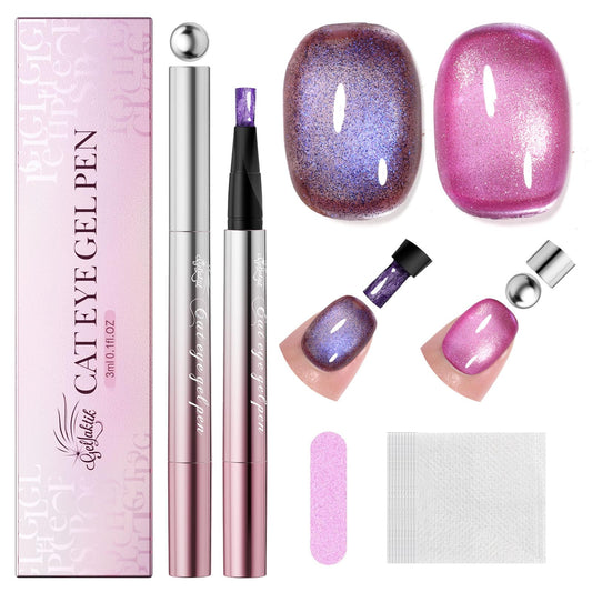 7-in-1 Cat Eye Gel Nail Polish Pen 2pcs, One Step Magnetic Gel Polish with Magnet, No Base/Top Coat Needed, Pink & Purple Glassy Jelly Magnetic Gel Soak Off UV LED Nail Art DIY Home Salon