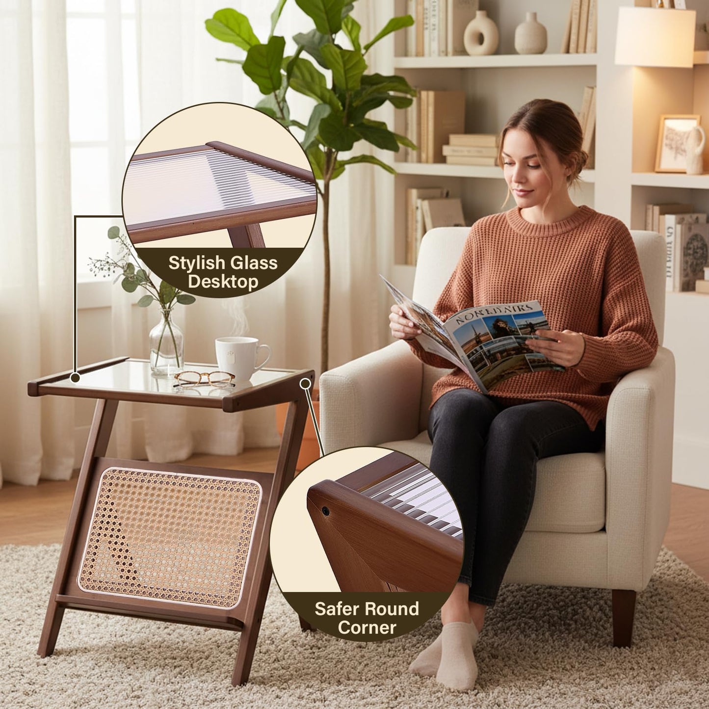 Tiita Rattan Nightstand Side Table, Bamboo Accent Bedside Tables, Glass Coffee Tables, Boho Wooden End Table with Storage for Small Space, Living Room and Bedroom
