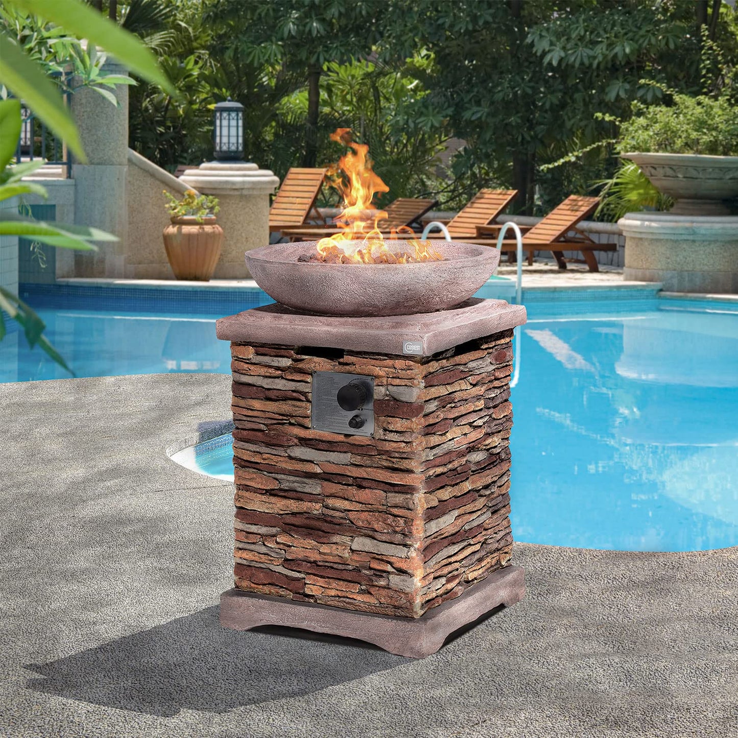 COSIEST Outdoor Propane Fire Pit Table w Faux Brown Compact Ledge Stone 20" Square Base and Faux Rose-Marble Round Bowl, Certified, 40,000 BTU, Free Lava Rocks, Fits 20lb Tank Inside, Raincover