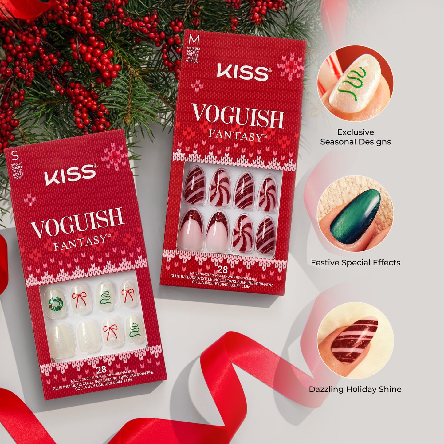 KISS Voguish Fantasy Holiday Press On Nails, ‘Holly Nights’, Brown, Medium Oval, No Damage To Natural Nails, Pink Gel Nail Glue (2g), Mini Nail File, Manicure Stick, & 28 Fake Nails