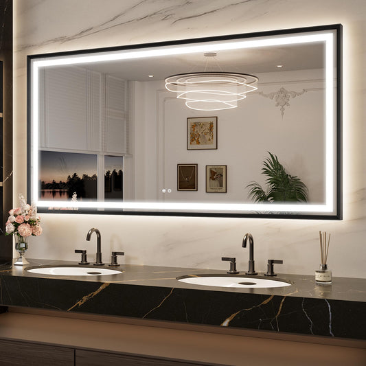Keonjinn 72 x 36 Inch LED Mirror for Bathroom Large, Black Frontlit & Backlit Bathroom Mirror, HD Shatter-Proof Tempered Glass, UL Listed LED Driver, Beveled Framed, 3 Color Lights, Dimmale, Anti-Fog