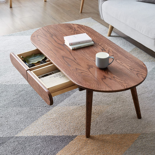 Christopher Knight Home Minta Modern Medium Size Low Wooden Coffee Table, Oval Top Living Room End Table with Drawer, Home Office Writing Desk, Multifunctional Sofa Table, Natural Walnut Brown