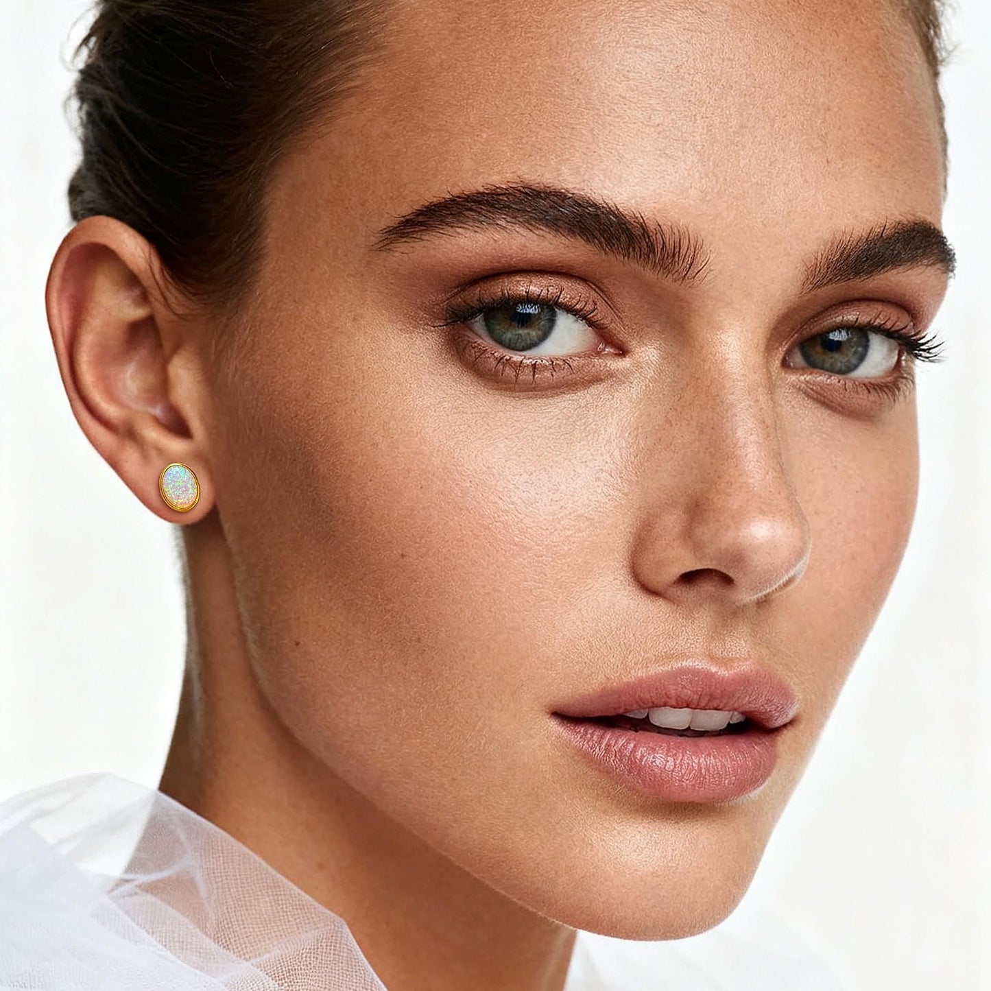 JiayangJY White Fire Opal Stud Earrings for Women 18K Yellow Gold Plated Sterling Silver Oval Shape 7mm Opal Earrings with Push Back