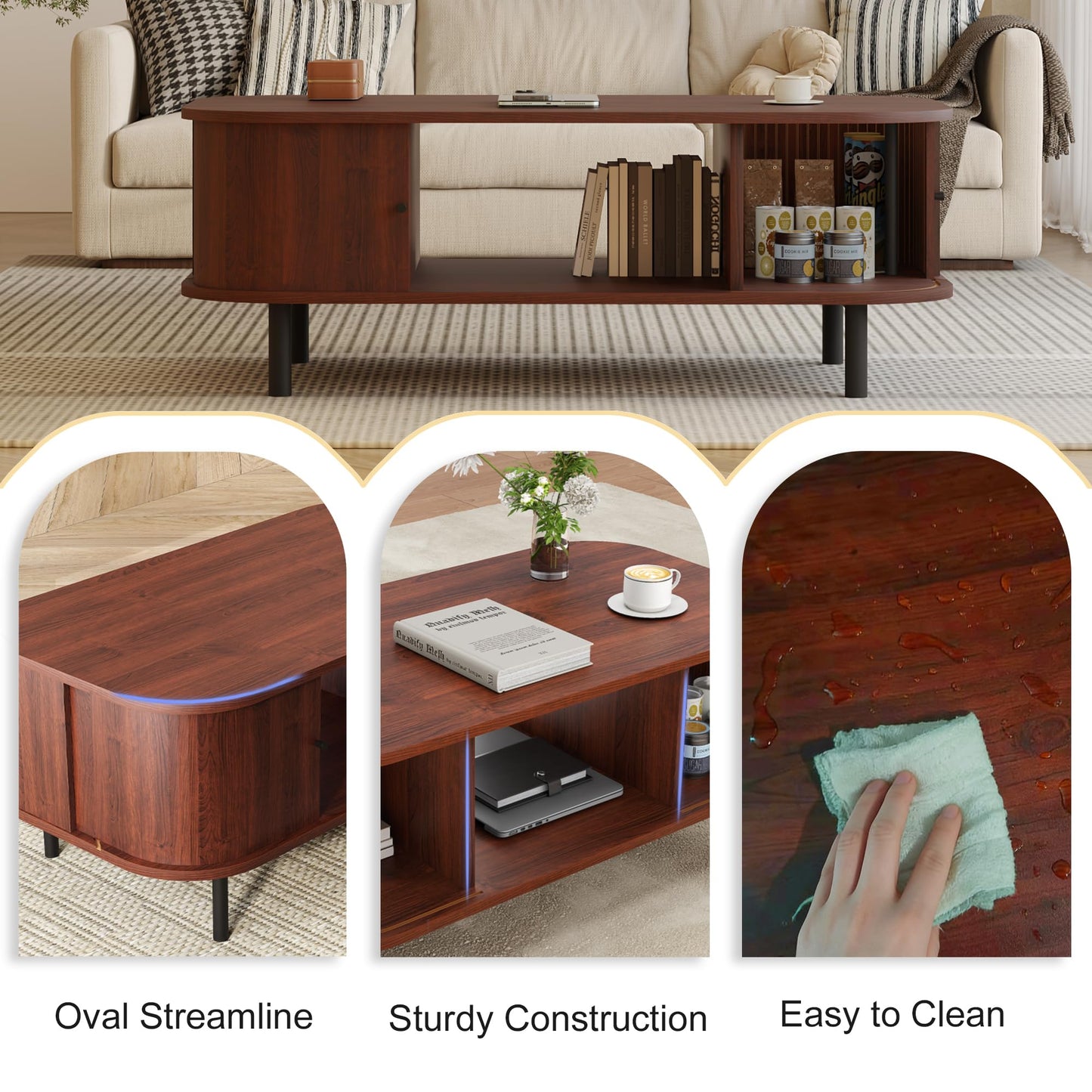 Coffee Table, 39.4" Mid Century Modern Coffee Tables for Living Room, Coffee Table with Storage Open Shelf, Fluted Table with Sliding Cabinet Door, Suitable for Living Room, Home Office, Walnut
