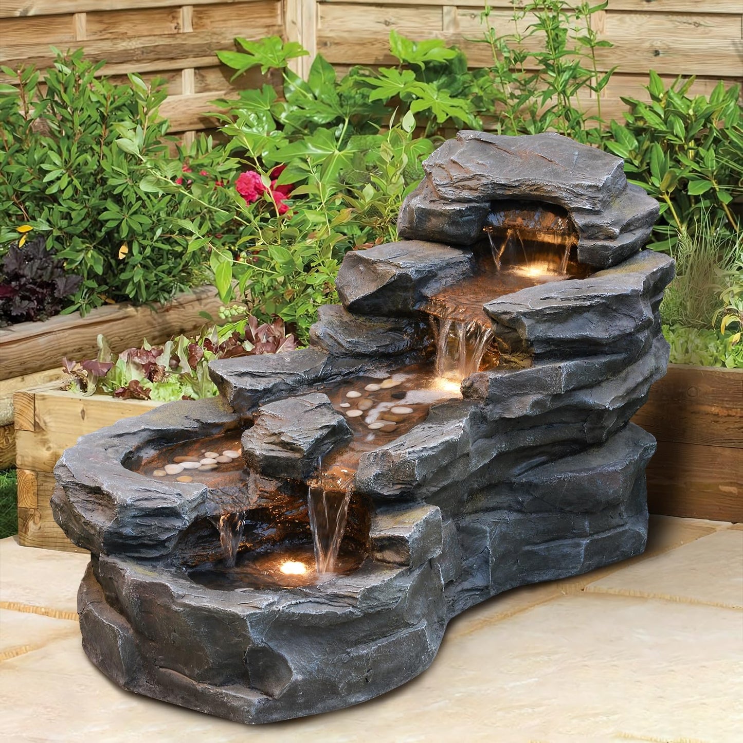 37" L Garden Outdoor Water Fountain, Floor Standing 5-Tiers Rock Natural Waterfall Outdoor Fountains with LED Lights for Patio, Porch, Home Art Decor