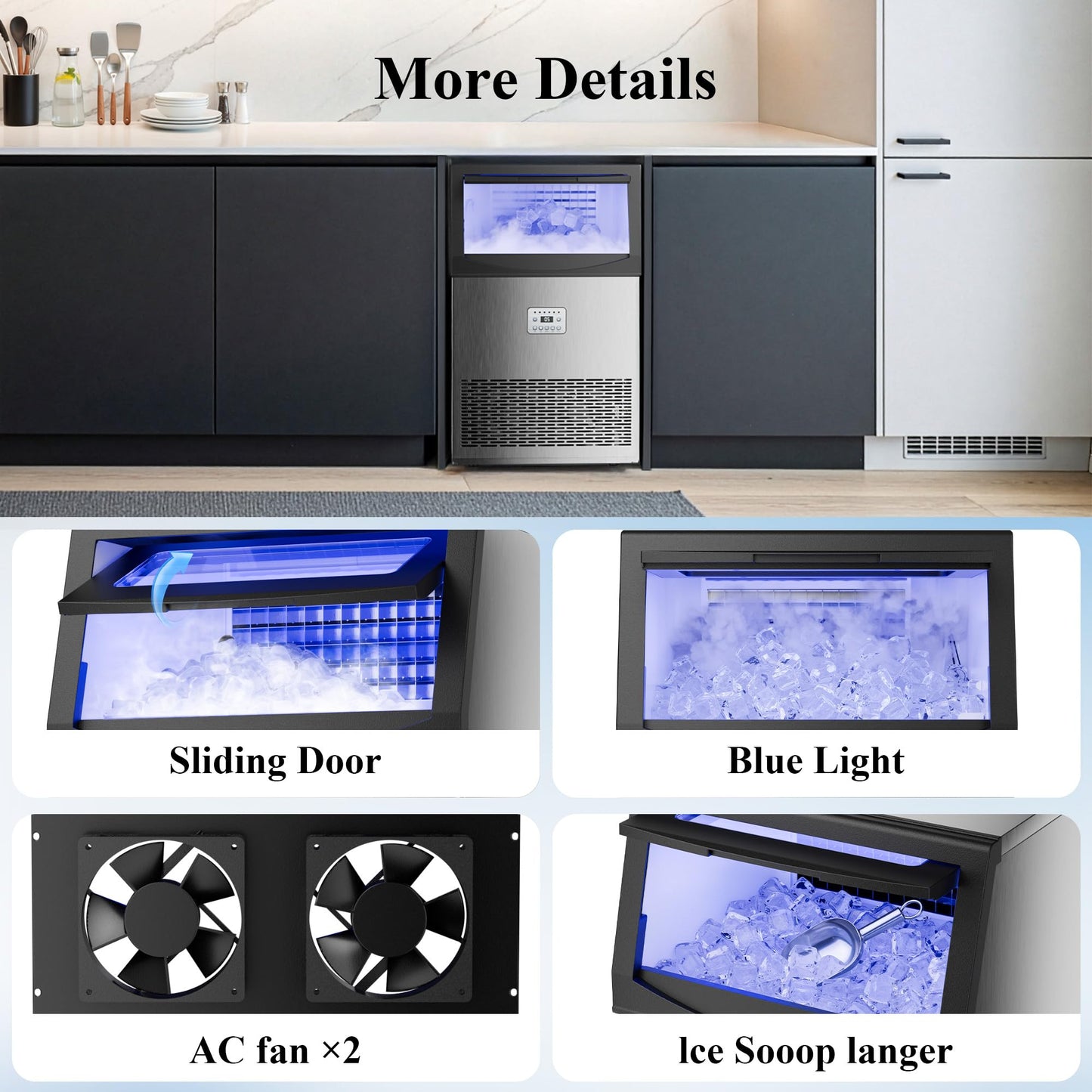 Mountman Commercial Ice Maker,110 lbs/24H,Stainless Steel Ice Machine with 33 lbs Storage Capacity,50 Cubes in 14 Mins,Water Filter,Under Counter/Freestanding Ice Makers for Home,Restaurant,Bar,Cafe