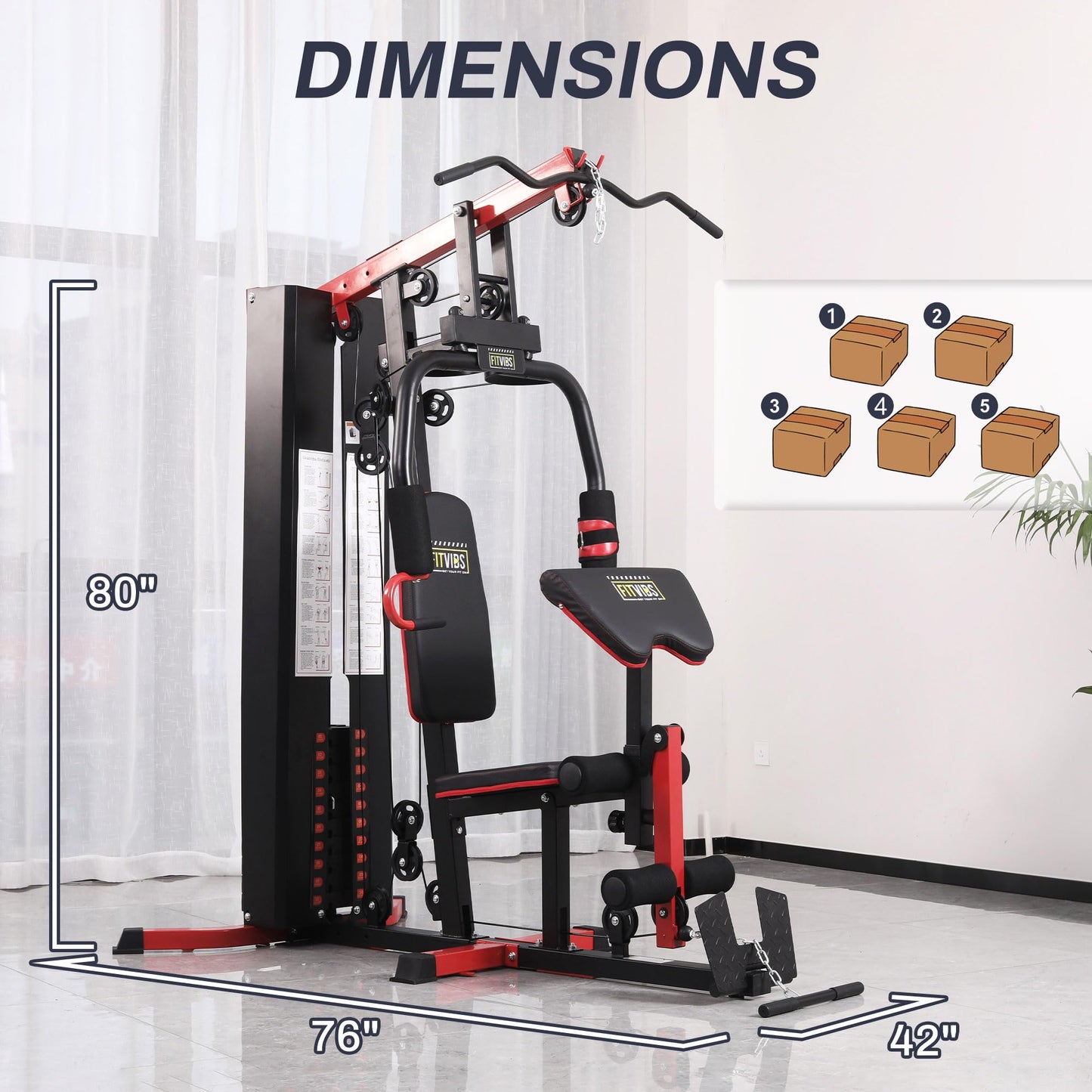 Fitvids Multifunctional Home Gym Equipment, Black/Red, with 122.5 lbs Weight Stack, Full Body Workout Weight Machine, All in One Exercise Equipment with Pulley System for Home Gym Strength Training