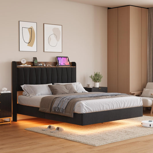 GarveeHome Floating Bed Frame King with LED Lights & USB Charging Station – Modern Upholstered Platform Bed with Headboard, Solid Wood Slats Support, No Box Spring, Easy Assembly, Noise-Free, Black