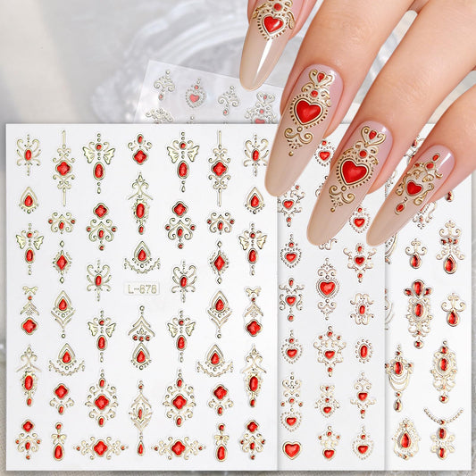 Gem Pattern Nail Art Stickers, 3D Embossed Retro Nail Decals, Self Adhesive Baroque Nails Decoration Supplies for Women Nails Design(Red Gem-6 Sheets)