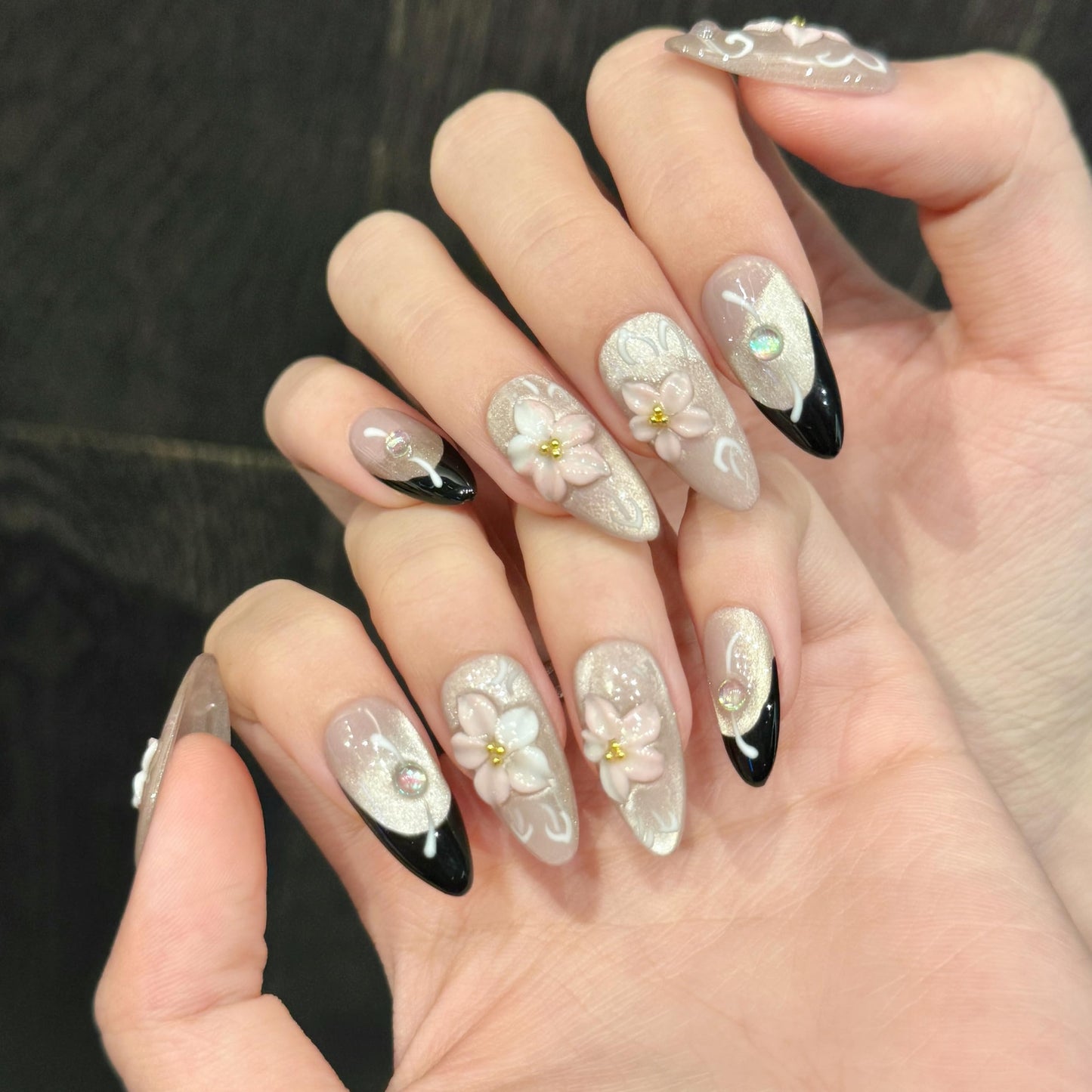 Handmade Press On Nails Medium Almond Pink Glitter Cats Eye Carved Flower Reusable Wedding Prom And Festival Gift Handmade Acrylic Press On Nails Aacrylic Nail (M)