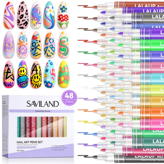 SAVILAND Nail Art Pens Set: 48 Colors Quick-Drying 3D Nail Polish Pens Acrylic Paint Markers for Nail Art Painting Drawing Liner Brush Dotting Tools Kit for Home DIY & Salon Manicure