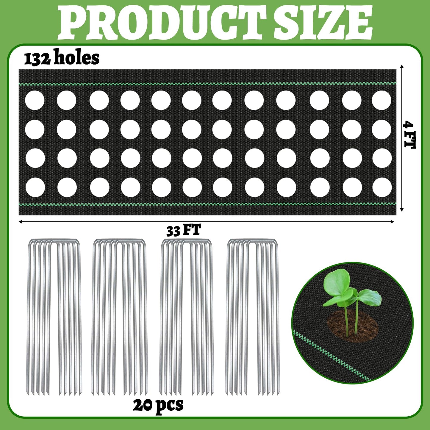 Garden Weed Barrier Landscape Fabric with 132 Planting Holes – 4ft x 33ft Woven Geotextile Fabric,Driveway Fabric,Durable Weed Control Mat with 20 Securing Pegs for Flower Beds, Vegetable Gardens
