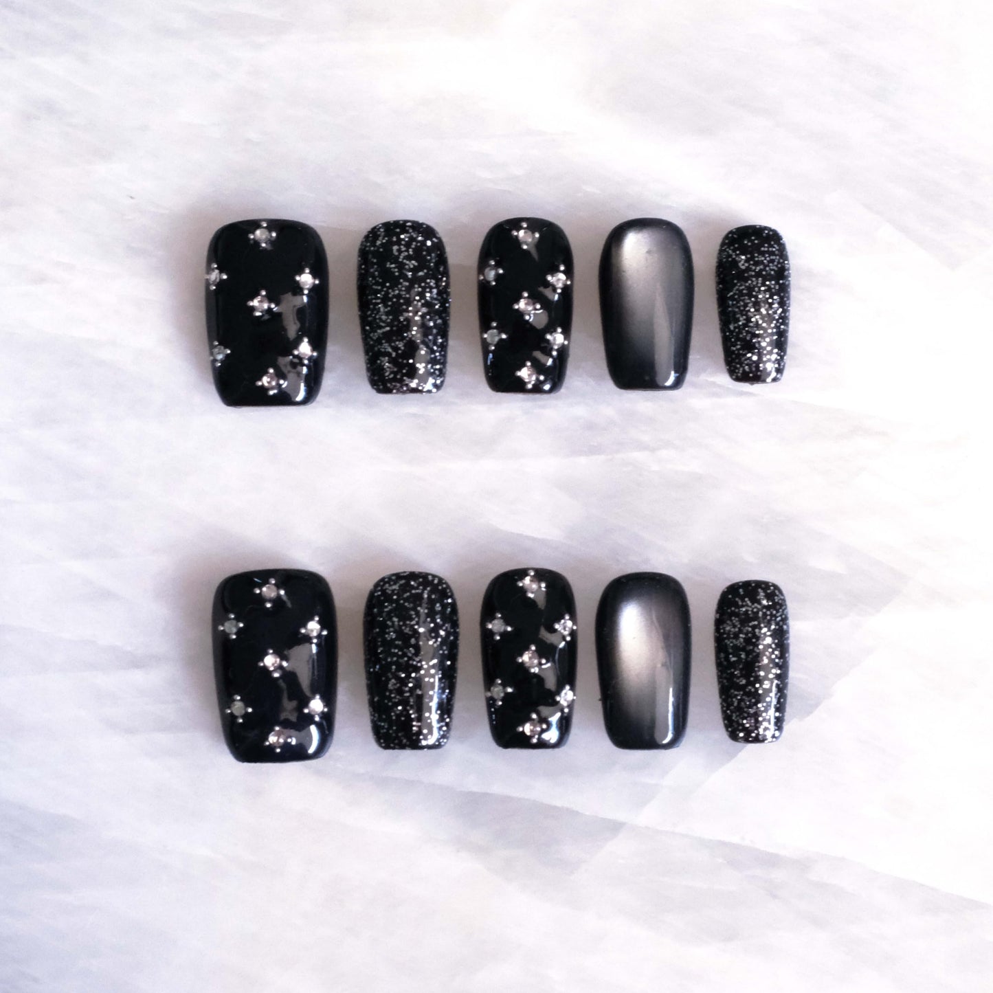 BlackStar - Handmade Press on Nails, Black Starry Sky with Cat Eye, Rhinestone Bling, Medium Ballerina Shape, 10 Pieces (Small Size, MB)
